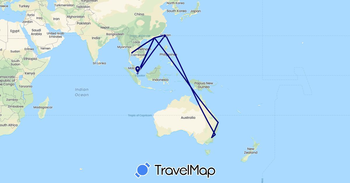 TravelMap itinerary: driving in Australia, China, Indonesia, Singapore, Thailand, Taiwan (Asia, Oceania)